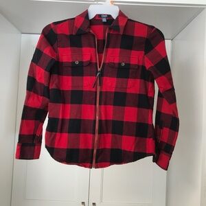 Chaps Women’s 💯 % Cotton Flannel Zip up Shirt Red and Black Check S